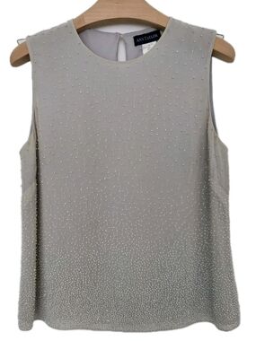 Vintage Ann Taylor Silk Beaded Tank Top S 4 Gray Quiet Luxury Glam Cocktail